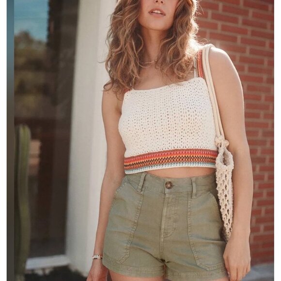 NWT Marine Layer $118 Crochet Crop Top W's XS Caro Tank White Rainbow Trim - Picture 5 of 16
